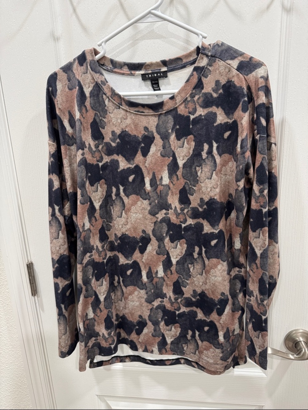 Tribal Long Sleeve Crewneck Top in Taupe & Black Camo Print